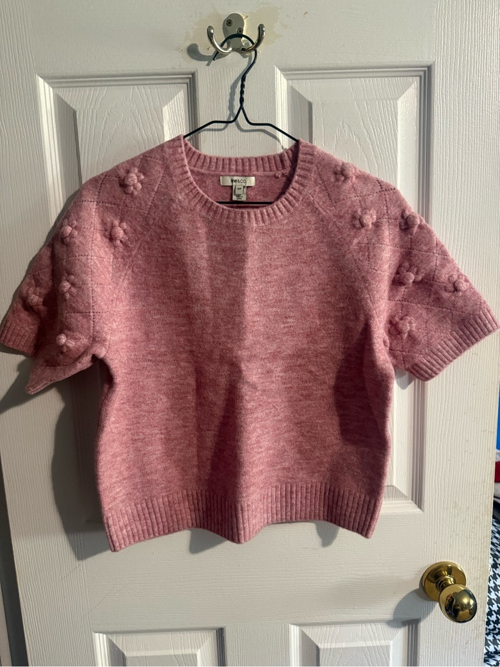 RW&CO. Rose Pink Short-Sleeve Pom-Plaid Crewneck Sweater